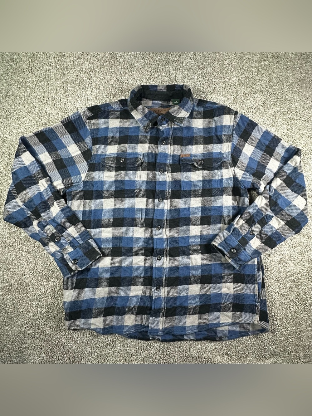 Orvis Flannel Shirt Mens Large Blue Black Gray Plaid Long Sleeve